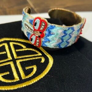 Handmade Embroidered Dragonfly Blue and Red Cuff Bracelet